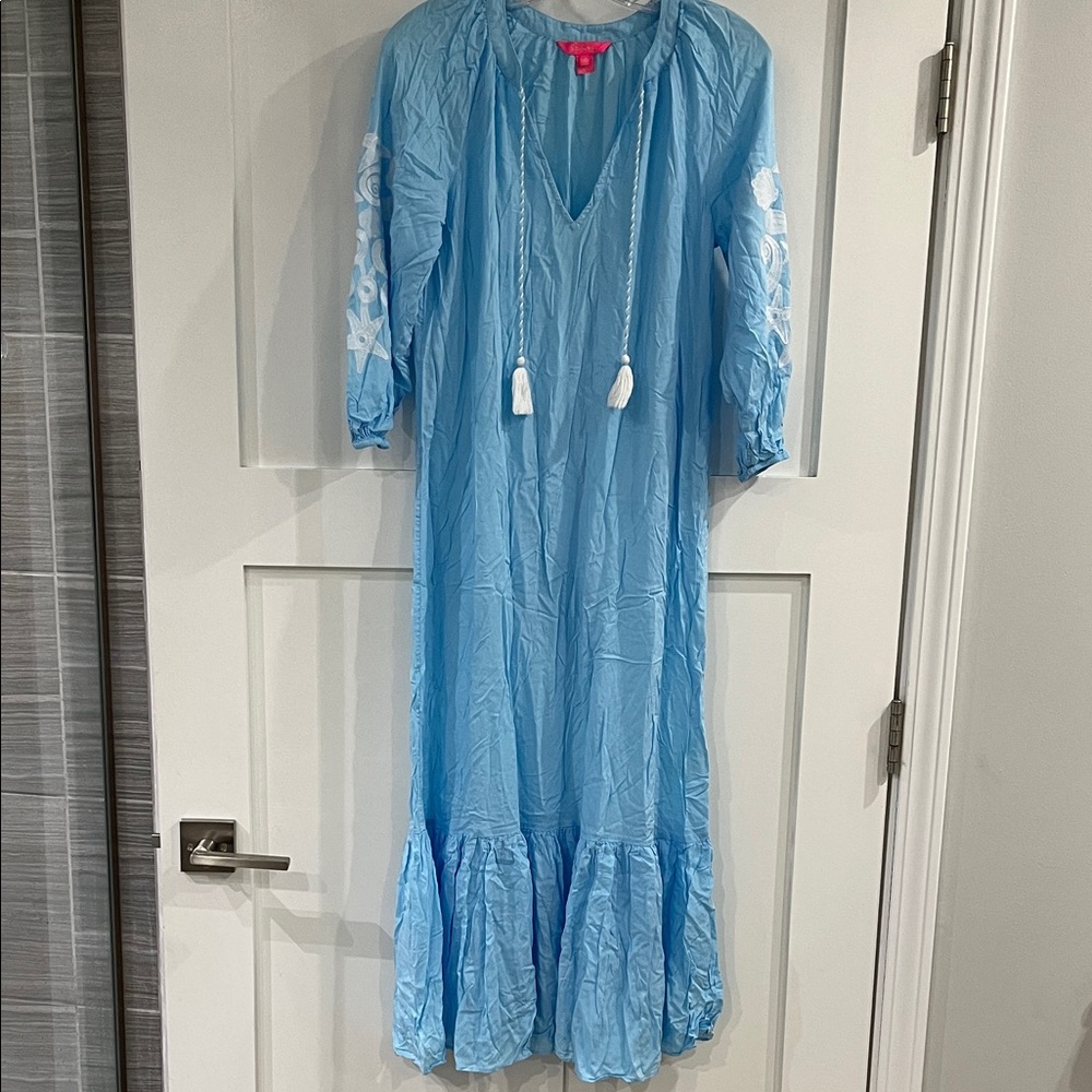 Lilly Pulitzer Cherre Long-Sleeve Maxi Cover-Up Caftan in Baby Sky Blue XXS/XS